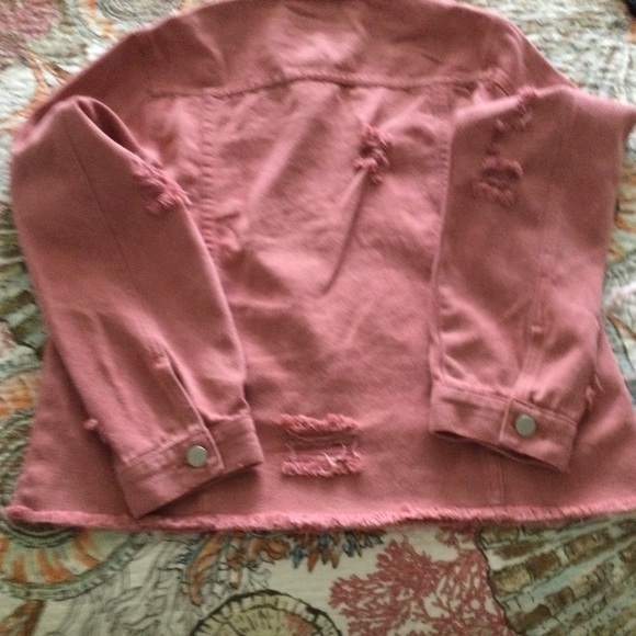 Denim Jacket NEW Large Raw Hemline Coral Salmon in Color - Picture 4 of 16